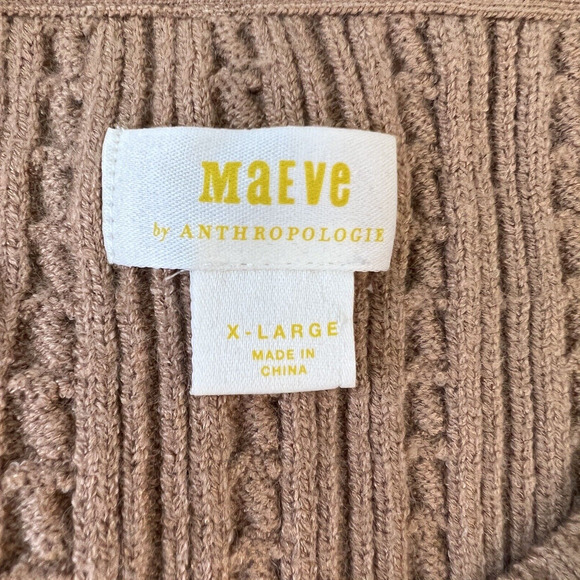 Anthropologie Maeve Tan Cable Knit Crew Sweater Sheer Rose Print Sleeves X Large - Picture 6 of 7